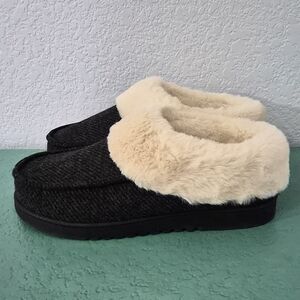 NEW Dearfoams Faux Fur Clog Slippers Black Cozy House Shoes Size L 9–10